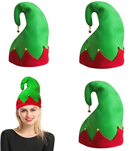 Carnavalife Sombrero Elfo de Navidad con Cascabeles, Gorro Papá Noel para Adulto, Gorro de Elfo de Fieltro de Rojo y Verde, Accesorios para Disfraces de Fiesta, 3 Piezas