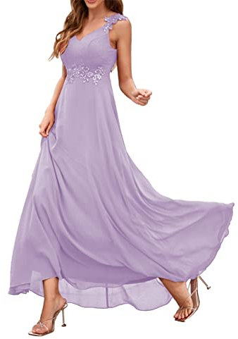 HPPEE Abiti da damigella d'onore in chiffon e pizzo con applicazione a V profonda, lunghezza al pavimento, abito da cameriera d'onore fluente con tasche e spacco, Lilla, 42