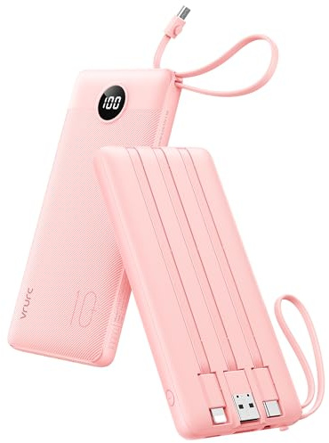 VRURC Portable Charger Power Bank, 10000mAh Travel Essentials Battery Pack, Compact USB C Charging Bank Built-in Cables Cords Compatible with iPhone 17 Pro 17 16 15 14 13,Samsung-Pink(1 Pack)