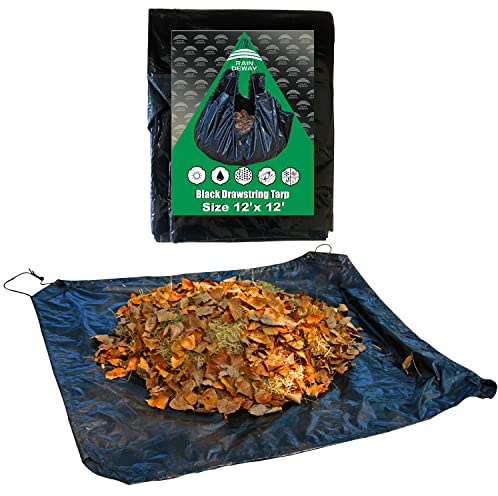 RAINDEWAY 12x12 Feet Black Poly Yard Tarp with Drawstring, Reusable Leaf Lawn Garden Tarp Bag