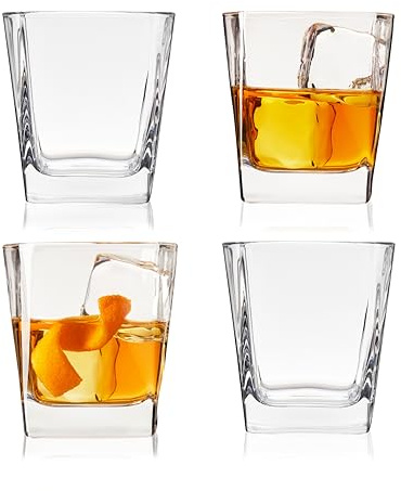 TRUE Square Rocks Glass, Old Fashioned Whiskey Glasses, Superb Drinking Cups for Cocktail Party, Home Bar, Bartender Accessories, Set of 4, 10 oz