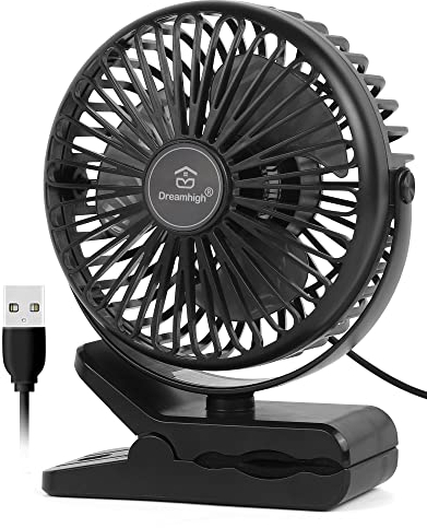 Dreamhigh® Mini USB Ventilator, 360° Drehung Tragbarer Clip Ventilator, 3 Geschwindigkeiten, Leise Tischventilator für den Schreibtisch, Zuhause und Büro, Schwarz（USB-betrieben）