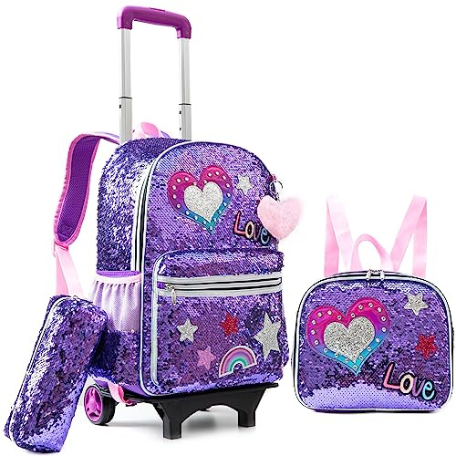 HTgroce Zaino da ragazza trolley, zaino per la scuola, per bambini, con borsa a tracolla, astuccio per la scuola, viaggio, Cuore viola 3, Rucksack