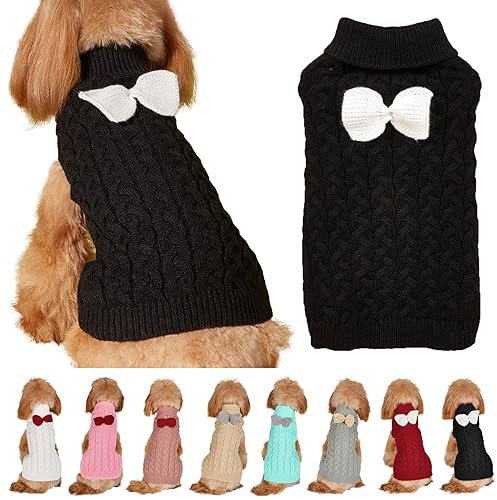 Hundepullover Weste Hund Rollkragenpullover Schleife Stricken Kleine Hundepullover Warme Hunde Winterkleidung Pullover Hundemantel Weihnachtskostüm für Hunde Katzen (Schwarz, L)