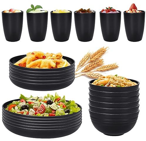 HOIDOKLY Camping Geschirr Set 24 Teiliges, Unzerbrechliches Geschirrsets aus Kunststoff,Tafel-Service 6 Personen Plastikgeschirr mit Tellerset, Schüssel, Becher, Besteck Set-Schwarz