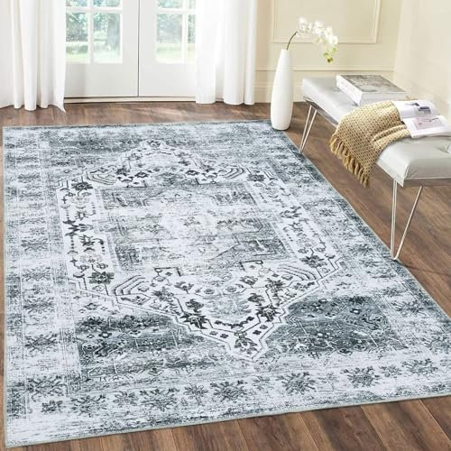 Memoryfield Vintage-Teppich, 15,2 x 22,9 cm, grau, abgenutzter Teppich, maschinenwaschbar, für Innenbereich, Bodenabdeckung, Teppich, weiche Samtmatte, faltbar, Akzentteppich für Wohnzimmer,
