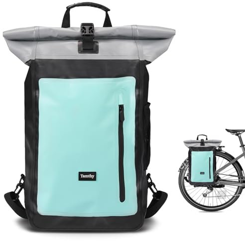 tamthy Fahrradtaschen für Gepäckträger 100% Wasserdicht mit Laptopfach Multifunktional 2 in 1 Fahrradtasche Rucksack & Gepäckträgertasche Hinten für Radfahren, Pendler, Reisen (Mint, 28L)