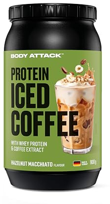 Body Attack Protein Iced Coffee Hazelnut Macchiato, 900 g - Whey Protein Pulver mit Kaffee Extrakt - Erfrischender Proteinshake mit Instantkaffee und Kakao - Mit Koffein, Made in Germany