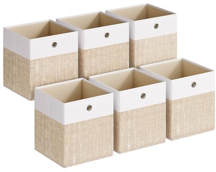 SONGMICS Caja de Almacenamiento, Set de 6, Cajas Organizadoras de PP, Sin Olores, Caja Plegable, Caja de Tela para Estantería Tipo Cubo, 26 x 26 x 28 cm, Blanco Nube y Beige Arena RFB426LF02