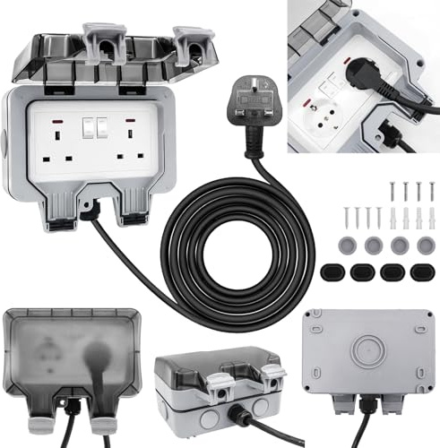 Outside Sockets Waterproof Double Socket, IP66 Double Outdoor Socket 10M Extension Lead with Lockable Cover, LED Indicators, Wall Electrical Outlet 13Amp 2 Gang Storm Switched Power Box External Plug