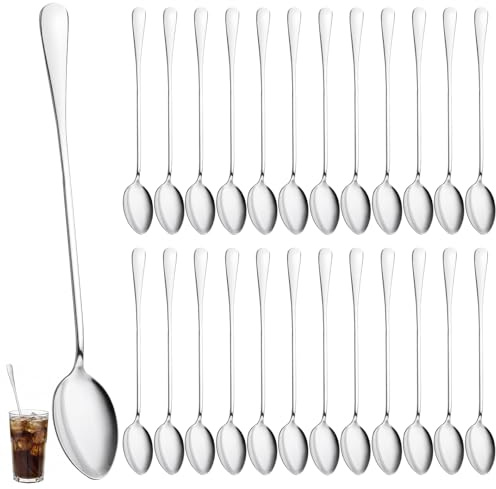Juego de 24 cucharas de café latte macchiato, 19,6 cm, de acero inoxidable, largas y pulidas con espejo, de mango largo