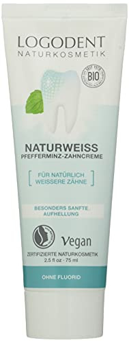LOGODENT Naturkosmetik NATURWEIß Pfefferminz Zahncreme, Sanfte Aufhellung der Zähne, Schutz des Zahnschmelzes, Natürliches Weiß, Vegan, 75ml