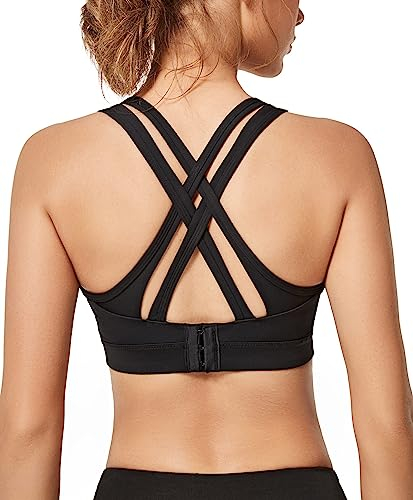 Yvette Sport BH Starker Halt Gepolstert Gekreuzt Rücken Große Brüste Lauf Fitness Yoga Bra,Schwarz,L Große Größen