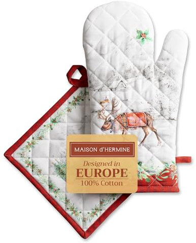 Maison d' Hermine Christmas Tradition Ensemble de Gants de Four 100% Coton (19cm x 33cm) et maniques (20cm x 20cm) pour Barbecue, Cuisson, Four, Micro-Ondes, grillades, Thanksgiving, Noël