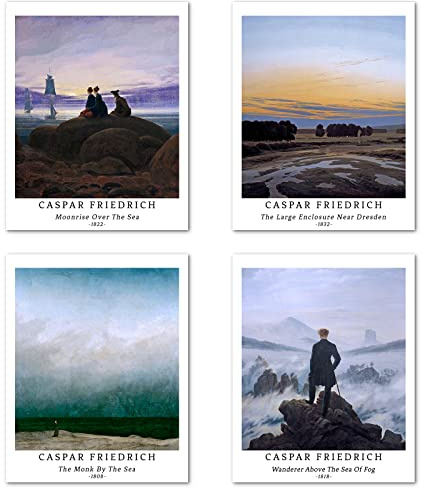 Konsttryck utan ram, klassiskt landskap, bilder i set med 4 delar, affischstorlek: 20 x 25 cm premium-konstpapper, väggdekoration, elegant panoramamotiv, passar till heminredning, Caspar