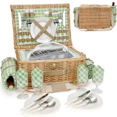 Picnic Basket for 4, Insulated Willow Picnic Baskets with Shoulder Strap, Picnic Hamper with Waterproof Picnic Blanket, Handmade Wicker Hamper for Outdoor Camping, GreenCheck