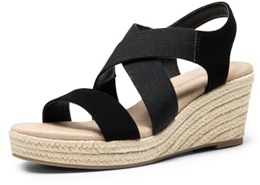 DREAM PAIRS Platå-Espadrillos Kilsandaler, Slip on Elastisk Ankelrem Sandaler för kvinnor Ledig uppklädd sommar, Svart-nubuck, 43 EU