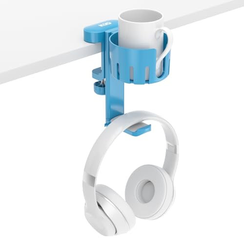 KDD 2-in-1 Headset Halterung Gaming mit Getränkehalter Tisch - Schwenkbar Kopfhörer Halter & Schreibtisch Kopfhörer Halterung für Kaffeetassen, Becher und Kopfhörer für Pc Gaming Zubehör（Blau）