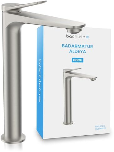 Bächlein Badarmatur Aldeya hoch in modernem Design, extra hoher Einhebelmischer für Aufsatzwaschbecken mit Montage-Set, Bad Wasserhahn Edelstahl Gebürstet