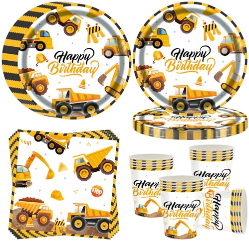 OMZSXK Set per feste da 16 persone - Motivo cantiere - Piatti e bicchieri di carta - Decorazione per compleanno