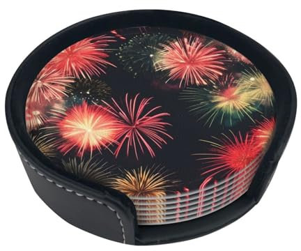 Set di 6 sottobicchieri rotondi con stampa di fuochi d'artificio in pelle, resistenti al calore per tavolo.