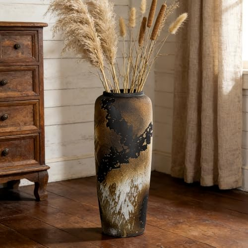 Black Rustic Ceramic Tall Floor Vase, 19.7 Inch Vintage Large Farmhouse Vase Pottery Clay Terracotta Rustic Vases for Home Decor Living Room Entryway Table Centerpieces,Kitchen,Housewarming Gifts