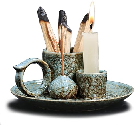 4 in 1 Ceramic Incense Burner Holder with Handle for Burning Sage, Palo Santo Stick, Joss Sticks, Candle in Your New House, Office, Yoga, Meditation Room (Speckled Blue)