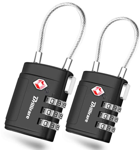 2 Pack TSA Approved Luggage Locks, Combination Travel Cable Suitcase Padlock with Alloy Body, Metal 3-Digit Waterproof Lock, TSA Accepted Outdoor Keyless Resettable Lock for Lockers, Bags, Gym-Black