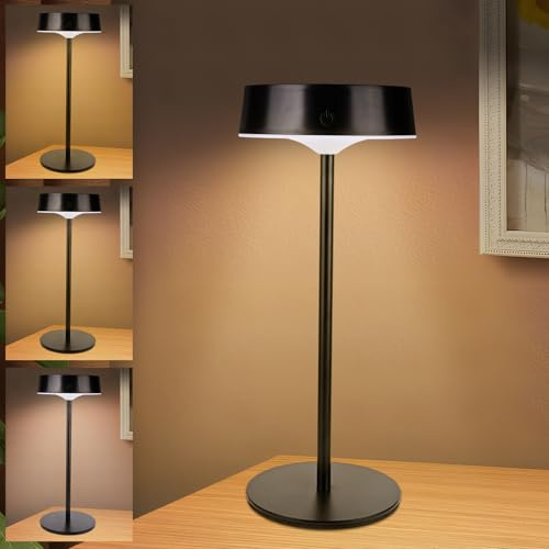 Euakee Lámpara de Mesa Sin Cable, Lámpara de Mesa de Batería LED Regulable con Energía Solar y USB-C, 3 Modos de Color, Toque Lámpara de Escritorio Inalámbrica para Exteriores e Interiores