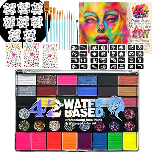 Set de 42 couleurs pour le visage pour enfants – Palette de maquillage non toxique à base d'eau avec pochoirs, pinceaux et pierres précieuses pour peindre le visage des enfants, idéal pour Halloween