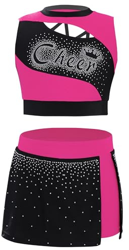 Linjinx Kids Girls Cheerleading Uniform Outfits Shiny Rhinestone Crop Top and Mini Skirt Set Halloween Cosplay Gifts Hot Pink 12 Years