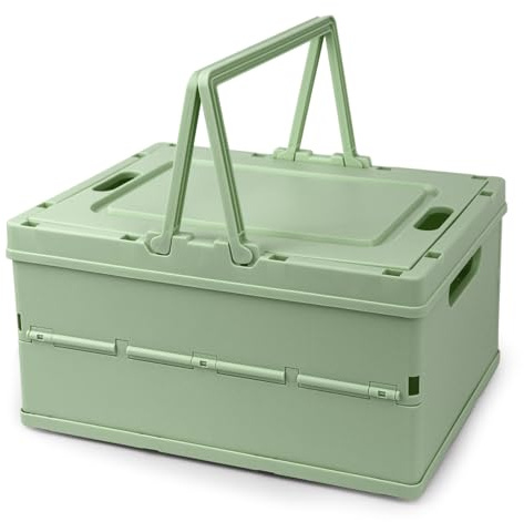 Vivikivi Collapsible Storage Crate, Foldable Plastic Storage Box with Lid, Folding Basket with Handle (Green)