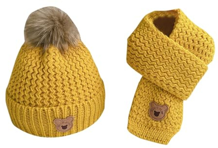 Generisch Invierno cálido algodón interior sombrero bufanda conjunto 3 a 12 años de edad niños niñas bebé gorro de lana dos conjuntos, amarillo, Talla única