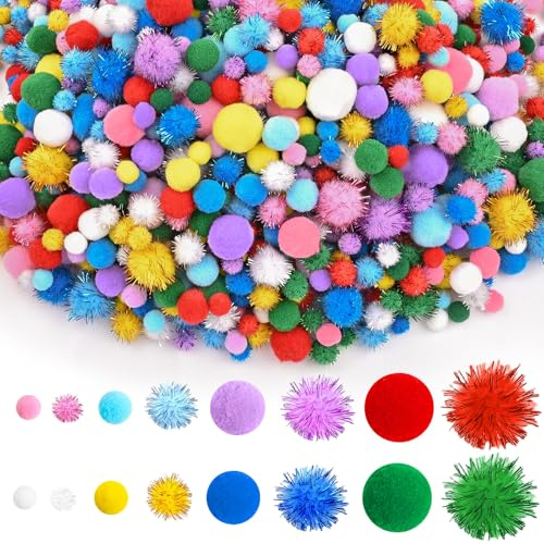 CHRORINE 1200 Pcs Pom Poms for Crafts Sparkly Assorted in 4 Sizes Pom Poms Bulk Essential for Arts DIY and Holiday Decorations (Multicolor)