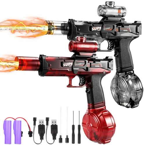 Lomffy 2Pcs Pistola de Agua Electronica para niños adultos, Pistola de agua automática con luz que simula llama, largo alcance Pistola de agua motorizada Piscina Playa Fiesta Juguetes para niños niñas