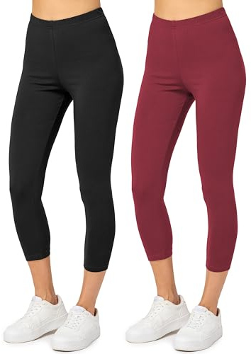 Merry Style Leggings Donna 3/4 Pantaloni Capri Morbidi e Confortevoli Leggins Donna in Cotone Traspirante Elastici e Delicati sulla Pelle Sensibile (2 Pack) MS10-199 (Nero/Rosso Vinaccia, XS)