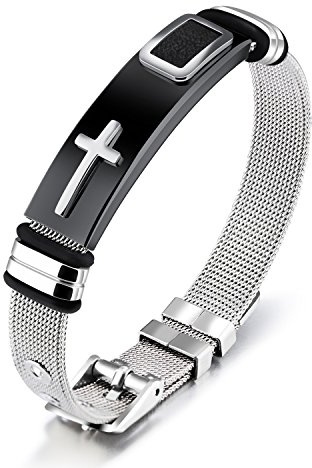XHao Bracelet réglable en acier inoxydable avec croix pour homme Argenté