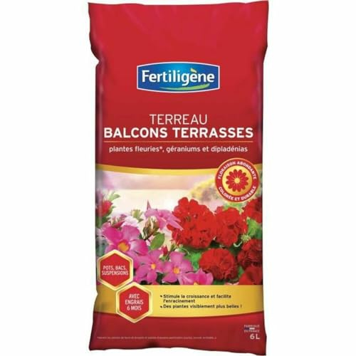 FERTILIGENE FBAL6P - Terreau Balcons et Terrasses Plantes Fleuries 6 L - Stimule la Croissance et facilite l'enracinement - pour des Plantes Plus Belles - avec Engrais Organique - Fabriqué en France