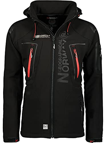 Geographical Norway Techno Men Distribrands - Chaqueta Softshell Impermeable Hombres - Capucha Hombre Transpirable Exteriores - Chaqueta Invierno Viento (Negro/Rojo M)