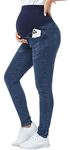 PACBREEZE Women's Maternity Jeans Over Belly Skinny Stretchy Denim Pants Comfy Slim Pregnancy Pants (Dark Blue, Medium)