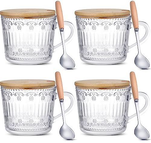 Nuenen 4 Sets Vintage Coffee Mugs with Bamboo Lids and Spoons 13.5 oz Embossed Tea Cups Clear Drinking Glasses Aesthetic Glassware for Cappuccino Latte Travel Beverage Espresso Coffee