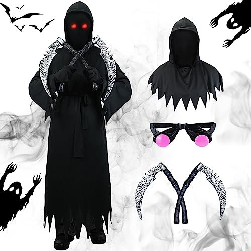 Ulikey Halloween Faucheuse, Déguisement Enfant avec Double Faucille, Yeux Rouges, Cagoule et Gants, Grim Reaper Costume Garçon Cape à Capuchon Noire pour Carnaval Halloween Cosplay Fête