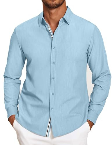 COOFANDY Men's Denim Button Down Shirts Long Sleeve Chambray Shirts for Men, Clear Blue, Large