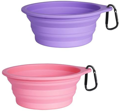 PetBonus Cuenco Plegable para Perros, 2 Unidades, de Silicona, para Viajes, portátil, a Prueba de Fugas, con mosquetón para Perros y Gatos, para Agua y Comida
