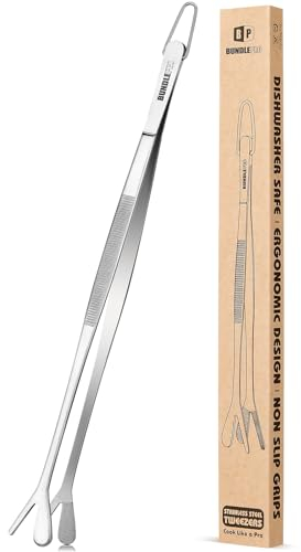 Pinzette da cucina a doppia punta, pinzette professionali da cucina in acciaio inox a doppia estremità 2 in 1 per la cottura, la riparazione, i frutti di mare, il barbecue (30.5 CM, ARGENTO)