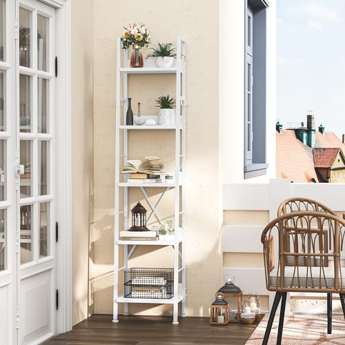 YITAHOME Bookcase 5 Tiers, Industrial Ladder Shelf Floorstanding Book Shelf Wooden Shelves and Metal Frame Book Rack Modern Shelving Unit for Living Room, Hallway, Office, Pure White Bookshelf