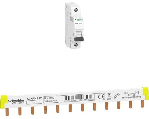 Bundle aus Schneider Electric A9K01116 Leitungsschutzschalter K60N 1P, 16A, B Charakteristik, 6kA, 16 Ampere B + Schneider Electric A9XPH112 Phasenschiene Steg, ablängbar, 1P, 12 TE, 100A