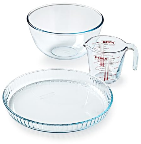 Pyrex - 3-Product Pastry kit - 1 x 0.5L Measuring jug + 1 x 2L Mixing Bowl + Tart tin- Borosilicate Glass - Scratch-Resistant - Made in France