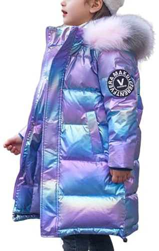 Kids Girl Down Coat Toddler Hooded Jacket Puffer Outerwear Shiny Warm Snowsuit Children Teenage Parka Coats with Faux Fur Collar Purple 9-10 Years