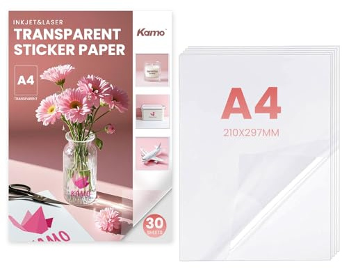 kamo Premium 100 % transparent klistermärkespapper – 30 ark, tryckbar vinyl självhäftande etikett för laser- och bläckstråleskrivare, A4, 210 x 297 mm, 1 etikett per ark, inte vattentät